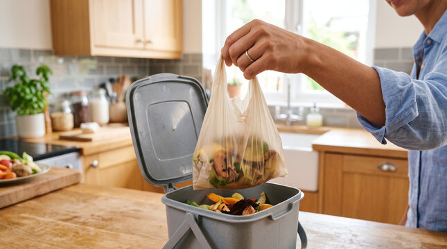 Woman putting organic food waste into compost caddy bin on kitchen counter