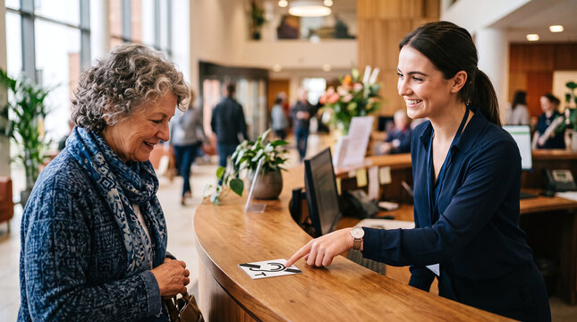 Receptionist pointing to hearing loop sign for senior woman at front counter