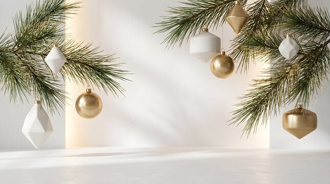 Minimalist bright Christmas background with pine branches and geometric gold ornaments