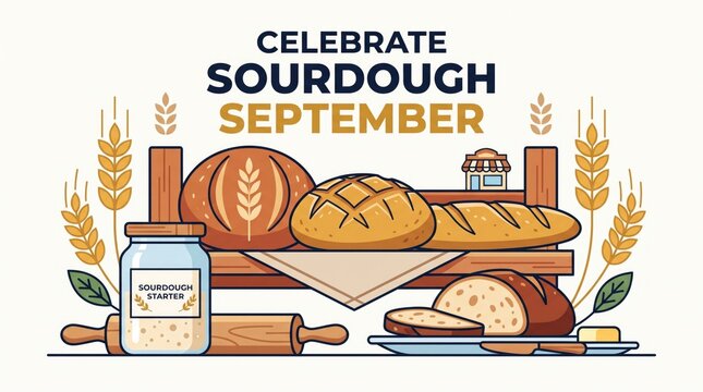 Celebrate Sourdough September banner showing artisan bread loaves on wooden bakery shelf