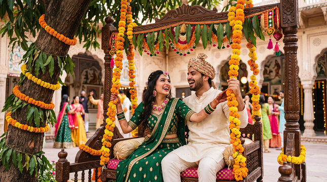 Joyful Indian couple on a decorated marigold swing celebrating Teej festival