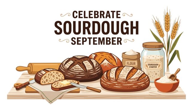 Celebrate Sourdough September illustration with bread ingredients wheat flour and rolling pin