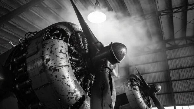 Low angle monochrome shot of airplane engine in hangar with hanging light and smoke pouring out
