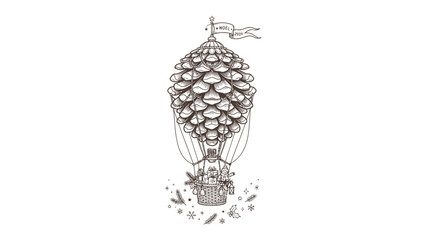 Whimsical Hot Air Balloon Adventure: A charming, hand-drawn hot air balloon, designed like a pine cone, embarks on a fantastical journey with adorable animal passengers in its basket. © Robaba