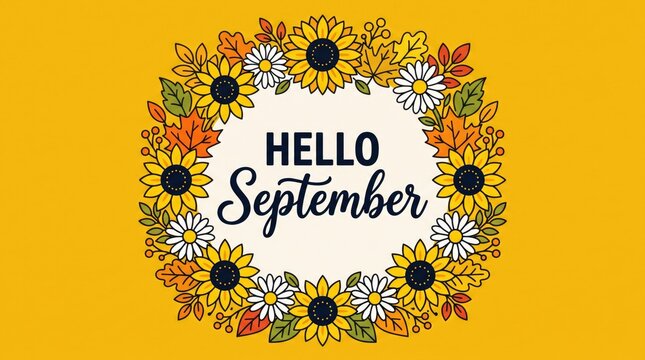 Hello September vector banner with sunflower wreath frame on yellow background