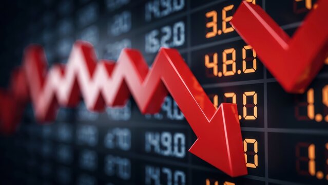 A red jagged arrow trending downwards against a blurred digital stock market display. Represents economic recession or financial crisis for news and corporate analysis.