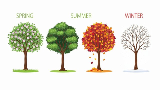 A set of four deciduous trees showing seasonal changes isolated on white background. Useful for educational climate diagrams or environmental design projects.