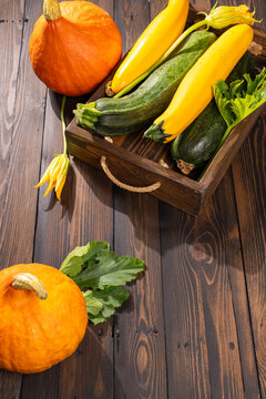 Fresh organic pumpkins and zucchini on wooden table