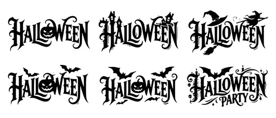 Obraz premium Spooky Halloween Word Art Vector Collection with Bat and Haunted House Silhouettes, Gothic Typography, Lettering and Decorative Illustrations SVG, JPEG and PNG