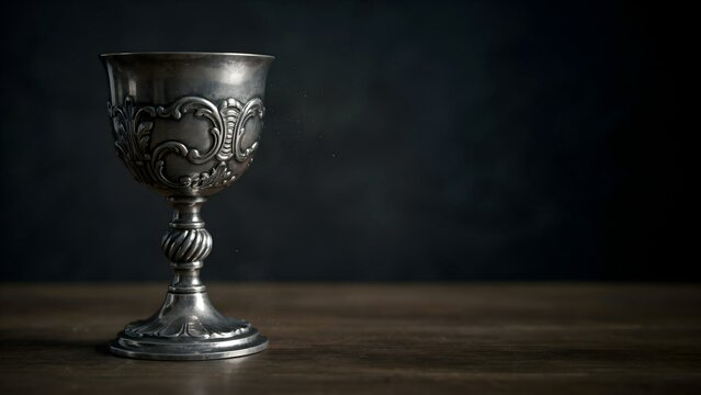 Ornate silver goblet with intricate carvings on dark wooden surface against dark background