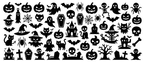 Fototapeta premium Large Collection of Black Halloween Vector Silhouettes with Spooky Pumpkins, Bats, Ghosts, Skeletons, Graveyard and Tombstones SVG, JPEG and PNG