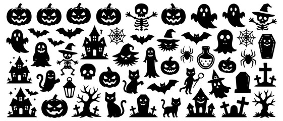 Naklejka premium Halloween Silhouette Set with Spooky Holiday Icons and Party Vector Elements Featuring Pumpkins Ghosts Witches Bats Skulls Haunted Mansions and Spiders SVG, JPEG and PNG