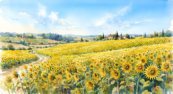 Vibrant watercolor landscape of a sunflower field in Tuscany