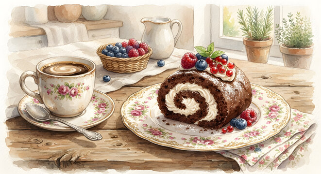 Chocolate Swiss roll cake slice with berries and a cup of coffee