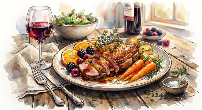 Sliced roasted meat dinner with wine and vegetables