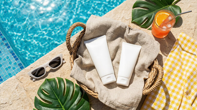 Sunscreen bottles on towel beside pool with sunglasses and tropical leaves. Beach vacation, skincare, summer resort, wellness.
