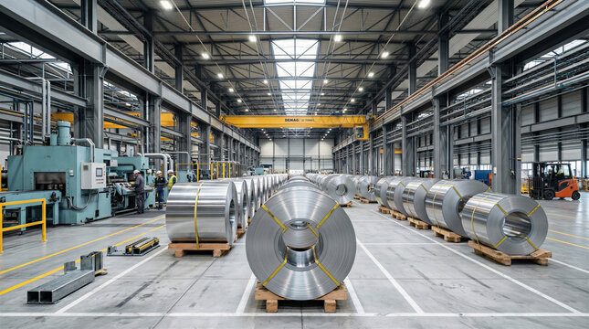 Rows of steel coils on wooden pallets in large industrial factory. Manufacturing, metal processing, heavy industry, production line.