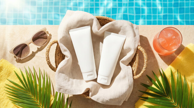 Two sunscreen bottles in basket by poolside with sunglasses and tropical leaves. Beauty industry, skincare, vacation, sun protection.