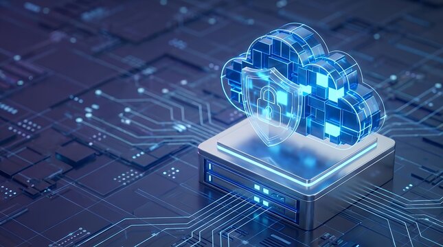 Cloud computing and big data storage concept with security system represented in 3D render for technology innovation Cloud Computing Big Data Storage Concepts Security system concepts 3D render