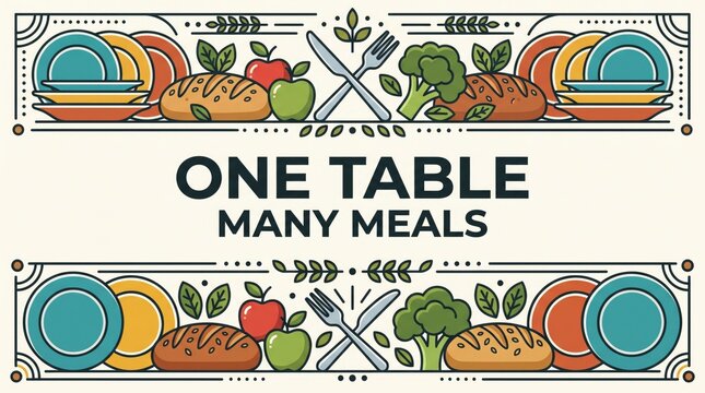 One Table Many Meals vector border banner with healthy food plates and cutlery