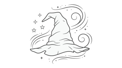 Fototapeta premium Magical Wizard Hat: A whimsical black and white illustration of a wizard's hat adorned with swirling magic and twinkling stars, evoking a sense of fantasy and enchantment.