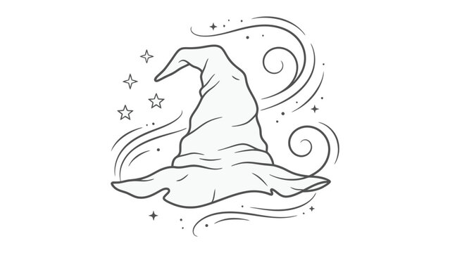 Magical Wizard Hat: A whimsical black and white illustration of a wizard's hat adorned with swirling magic and twinkling stars, evoking a sense of fantasy and enchantment.