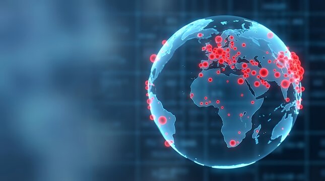A conceptual 3D visualization of a world map with numerous red dots indicating a global virus outbreak or pandemic spread across continents. world map globe virus outbreak pandemic epidemic disease
