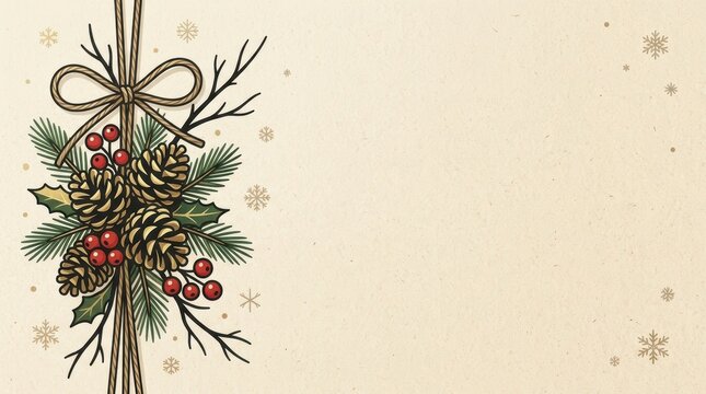 Vintage christmas holiday background with pine cones, fir branches, berries, and snowflakes on cream textured paper
