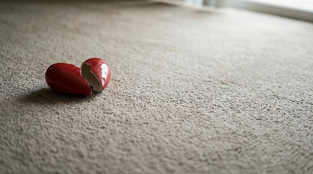 A broken heart shape lying on a carpet symbolizing heartbreak sadness and the end of a relationship or love. broken heart shape on the carpet heartbreak sadness love loss relationship end grief pain
