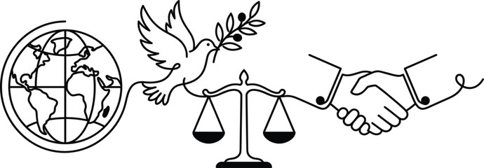 Fototapeta premium Global Peace Justice and Unity Concept Vector Banner Featuring Planet Earth Flying Dove with Olive Branch Scale of Justice and Handshake Line Art