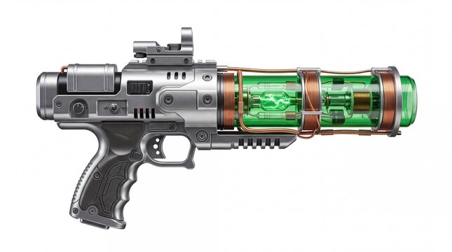Futuristic sci-fi plasma blaster weapon featuring detailed metal textures and glowing green energy core cylinder displayed on white background