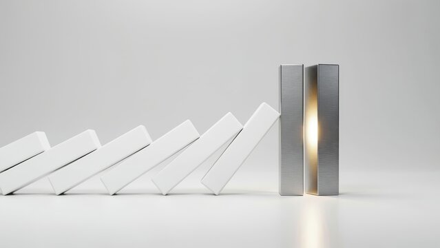 White dominoes falling toward a strong metal block on white background. Business concept for resilience, stability, and overcoming obstacles in corporate strategy.