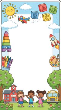 Colorful school scene with happy children and playful elements