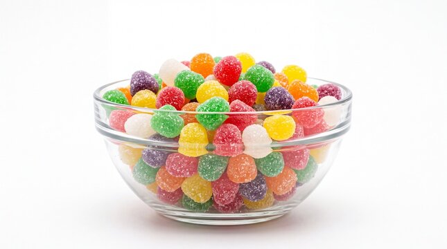 Vibrant assorted sugary fruit jelly gumdrops piled inside clear glass bowl captured with soft studio lighting effects on white background