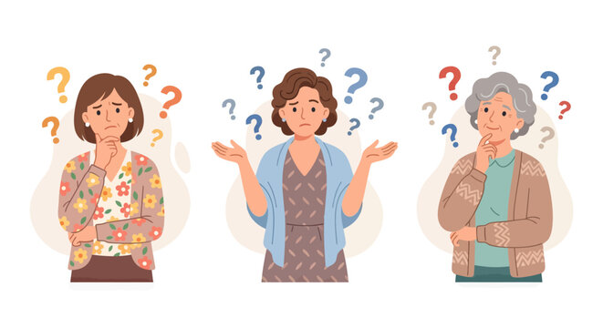 Three women of different ages thinking with question marks, representing confusion, doubt, and indecision