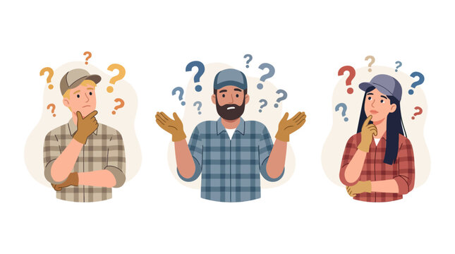 Confused workers with question marks, concept of uncertainty, problem solving, decision making
