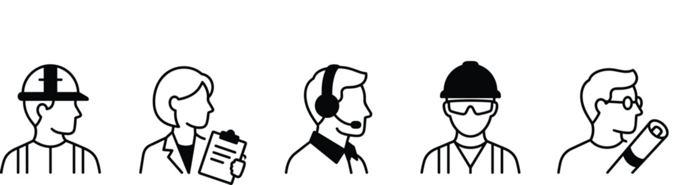 Industrial Construction and Engineering Professional Avatar Line Icon Set for Corporate Websites, Business Presentations, Recruitment Portals, and Project Management Software
