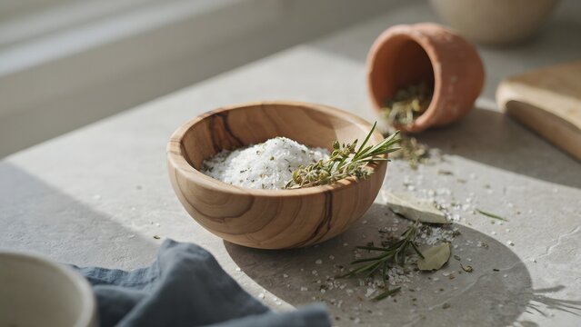 Wooden bowl with salt and fresh herbs on countertop with clay pot and wooden spoon