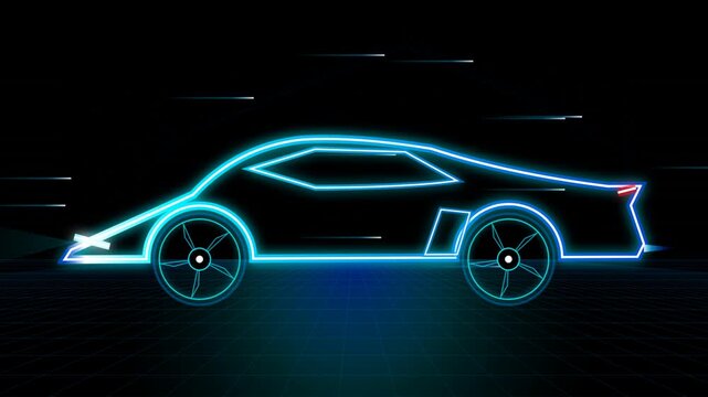 Futuristic Neon Sports Car Driving Through a Digital Grid