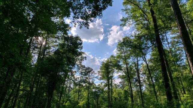 Tranquil woodland scene with vibrant foliage and a bright blue sky