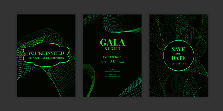 Luxury green and emerald gala invitation card set vector. Neon particle wave line templates for wedding, party, corporate event, VIP celebration and formal night design.