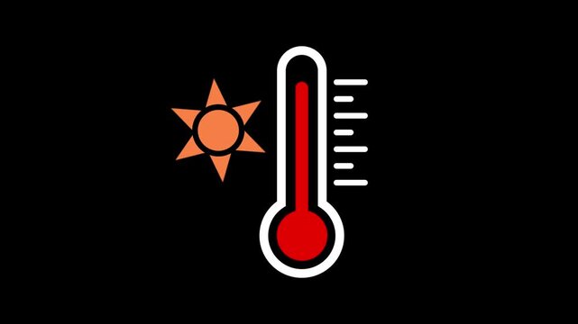 Animated thermometer with sun icon showing high temperature for summer season and hot weather. Animated thermometer icon on black background. Thermometer Icon for Temperature Measurement. 4k video