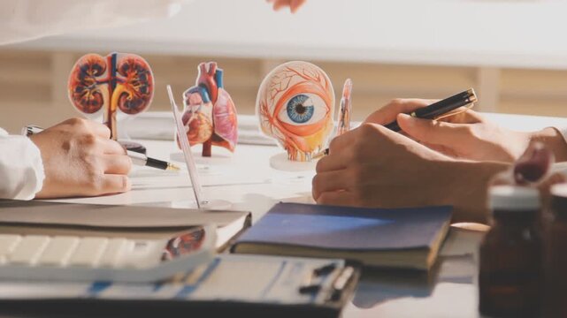 Doctor holding and pointing to an anatomical model of human lungs in a clinical office setting