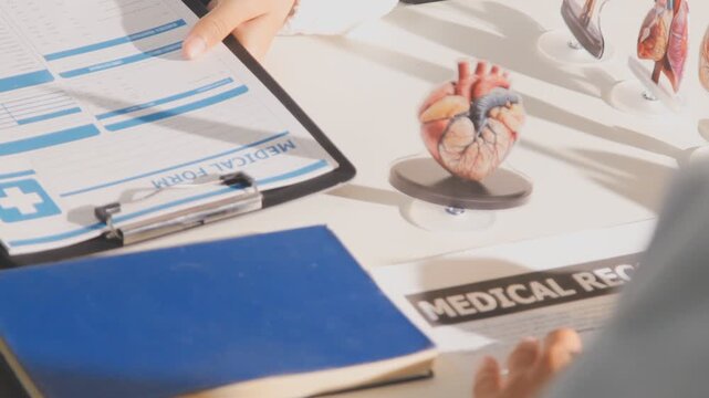 Doctor holding and pointing to an anatomical model of human lungs in a clinical office setting