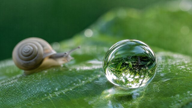 A Tiny World Reflected: A delicate snail embarks on a slow journey across a vibrant green leaf, pausing beside a glistening dewdrop that magnates the surrounding nature in its transparent sphere.