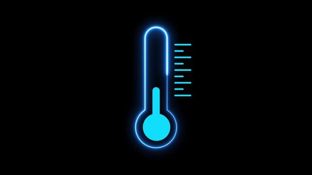 Neon blue thermometer icon animation. Animated thermometer icon on black background. Thermometer Icon for Temperature Measurement.