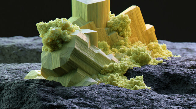 Yellow mineral crystals growing on dark volcanic rock with geometric formations and textured clusters against black background