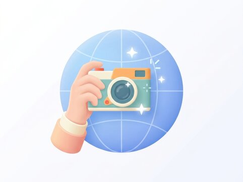 A 3D rendered hand holding a vintage camera against a globe background