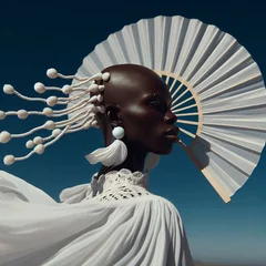 African man in a white dress with a fan. © F@natka