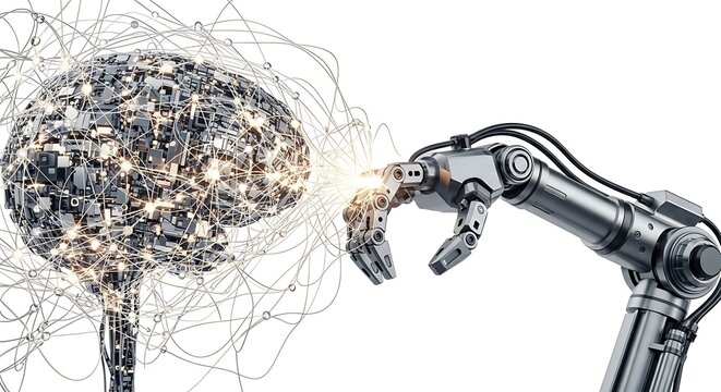 Robot mechanical hand touching glowing artificial intelligence brain network with mechanical